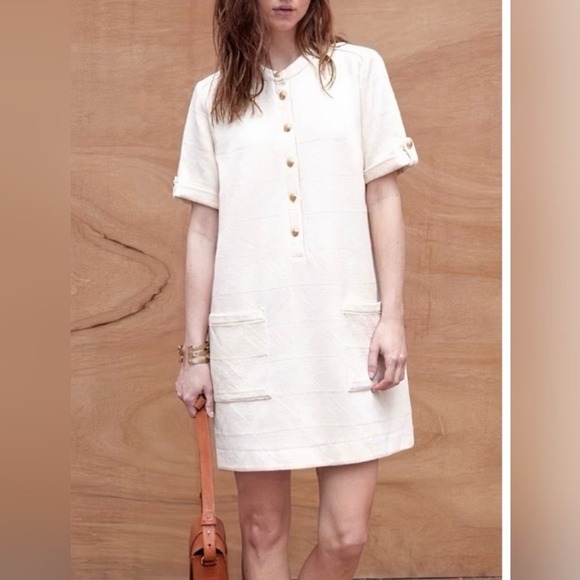 Sézane‎ textured Alma dress size 38 (US 6)gold buttons cream neutral minimalist - Picture 2 of 9